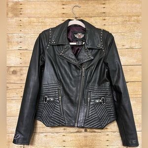 Harley Davidson Black Leather Jacket/Chaps  with Purple Embroidery Lining sz M